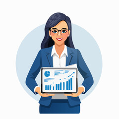 High-detail flat vector illustration of a confident businesswoman holding a digital tablet, professional, corporate, technology, business, modern, female executive