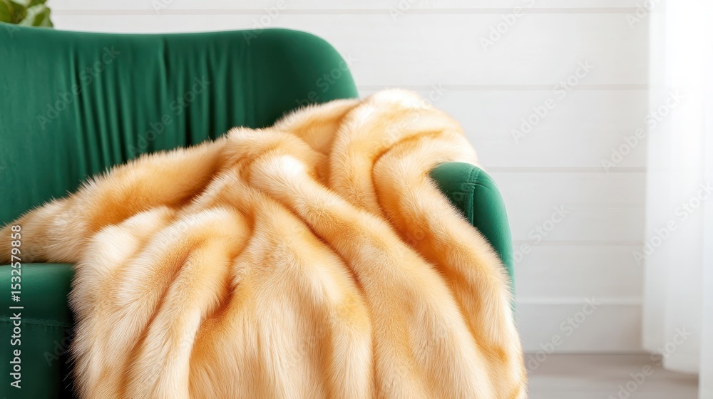 Poster an elegant soft fur blanket is draped over a plush green couch, creating a warm and inviting atmosph