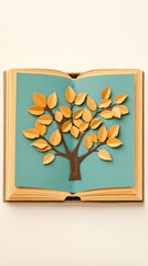 Paper craft tree with yellow leaves inside an open book on a teal background. Creative concept for knowledge, growth, education, and imagination in a symbolic art style.