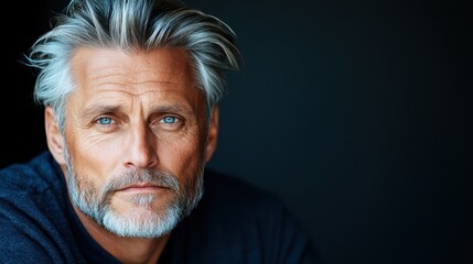 Obraz premium This striking portrait features a mature man with silver hair, deep blue eyes, and a compelling expression, highlighting his life's wisdom and experience captured in a soft light.