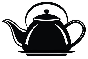 Classic Black Teapot Silhouette with Lid, Spout, Handle, and Saucer Illustration