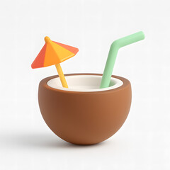 3D Summer Coconut Drink Icon On White Background