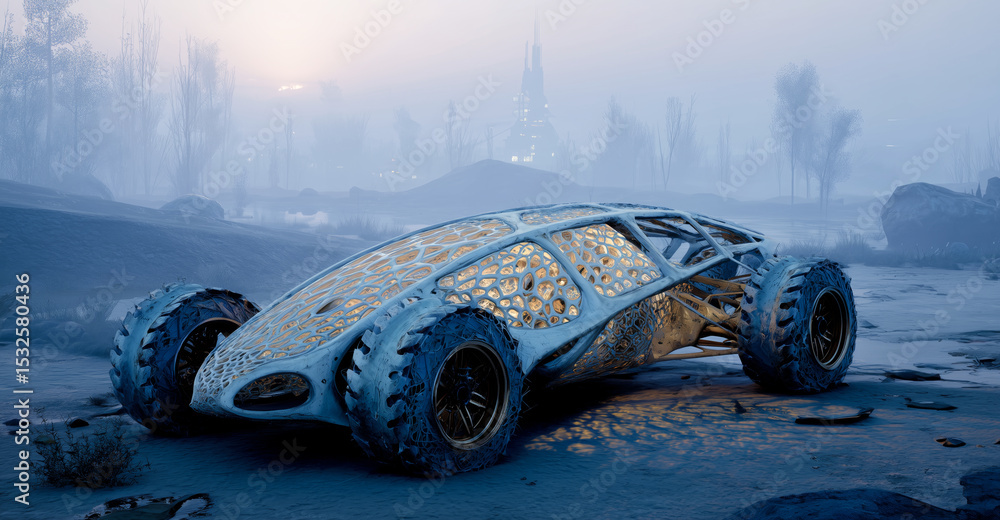 Poster a futuristic vehicle showcases an intricate design, blending bioengineered biotissue elements.