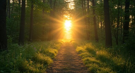 Obraz premium Pathway through forest, sun bursts, creating a warm, ethereal light. Trees frame the path
