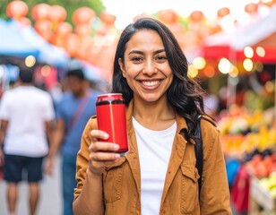 Young Latin American person Holding Soda Can at Outdoor Market