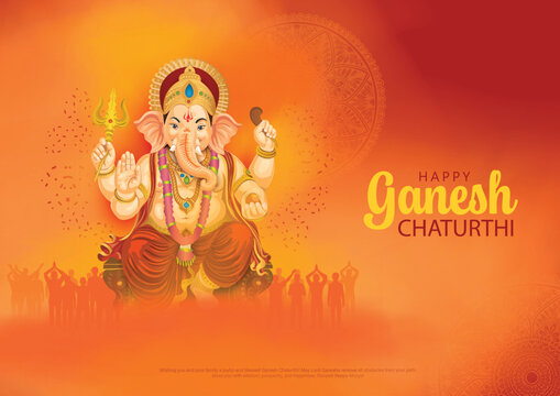 Vector illustration of lord ganpati for happy Ganesh Chaturthi festival of India. Celebration background design with people.