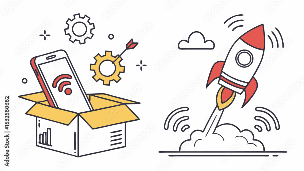 Poster illustration showing a smartphone in a box with gears and a rocket launching into the sky with cloud