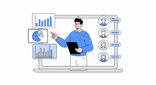 Cartoon Businessman Analyzing Data on Laptop in Flat Vector Illustration