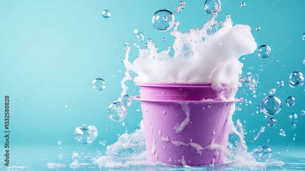 Aufkleber a stunning shot of a pink bucket overflowing with frothy bubbles, creating dynamic splashes while co