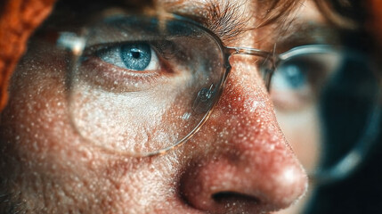 Close-up portrait of a man with glasses and blue eyes, face covered in water droplets, captured in sharp detail and high contrast lighting