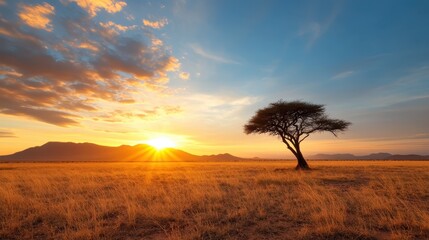 Obraz premium A breathtaking sunset captures a solitary tree against a stunning landscape, symbolizing resilience and beauty in nature, perfect for themes of serenity and solitude.