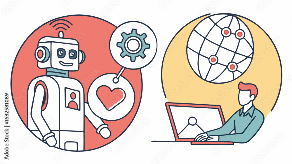Poster robot and man working with technology and global network in circles with different colors background