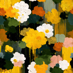 A vibrant, hand-painted seamless floral pattern featuring yellow, white, and peach blooms with bold green foliage on a deep black background. Perfect for fabric prints, bold packaging, wall art