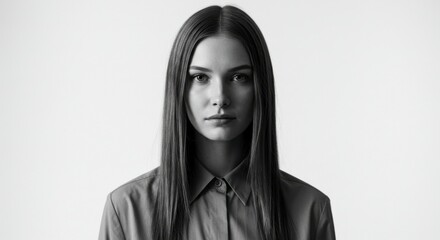 Portrait of a young woman with long straight hair, wearing a collared shirt. In black and white
