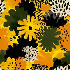 A vibrant, hand-painted seamless floral pattern featuring yellow, white, and peach blooms with bold green foliage on a deep black background. Perfect for fabric prints, bold packaging, wall art