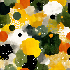 A vibrant, hand-painted seamless floral pattern featuring yellow, white, and peach blooms with bold green foliage on a deep black background. Perfect for fabric prints, bold packaging, wall art