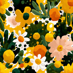 A vibrant, hand-painted seamless floral pattern featuring yellow, white, and peach blooms with bold green foliage on a deep black background. Perfect for fabric prints, bold packaging, wall art