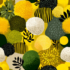 A vibrant, hand-painted seamless floral pattern featuring yellow, white, and peach blooms with bold green foliage on a deep black background. Perfect for fabric prints, bold packaging, wall art