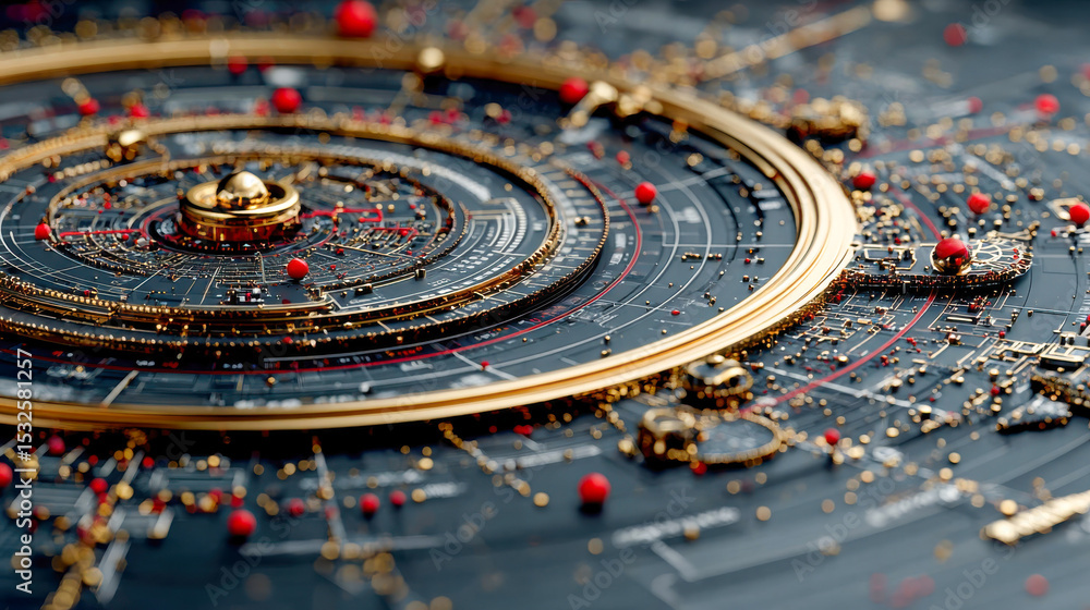 Aufkleber a visually striking circular circuit layout with gold, red, and black elements, resembling a futuris