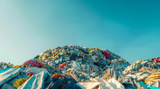 Large mound of mixed textiles and garments under bright sky, illustrating waste and environmental concerns in fashion industry