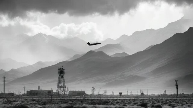 Military Jet Flying over Desert Landscape with Mountains in the Background, Black and White Aerial View of Air Force Base