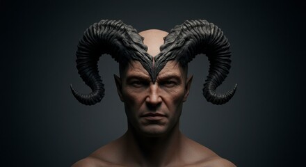 A close-up of a bald man with large, black, curved horns, staring intensely at the viewer