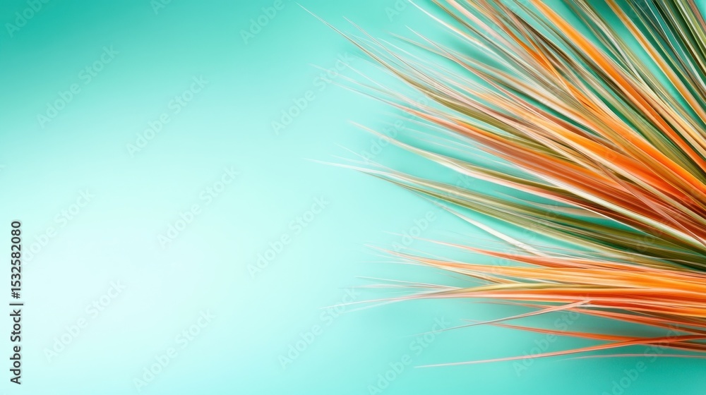 Poster an abstract composition featuring vibrant, elongated leaves in orange and green hues, creating a vis