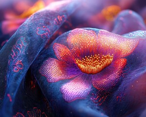Closeup of highfashion fabrics with digital embroidery, surreal lighting, high detail