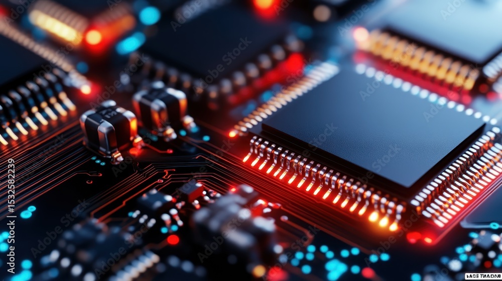 Poster a detailed close-up of a circuit board with illuminated components, showcasing technology's intricat