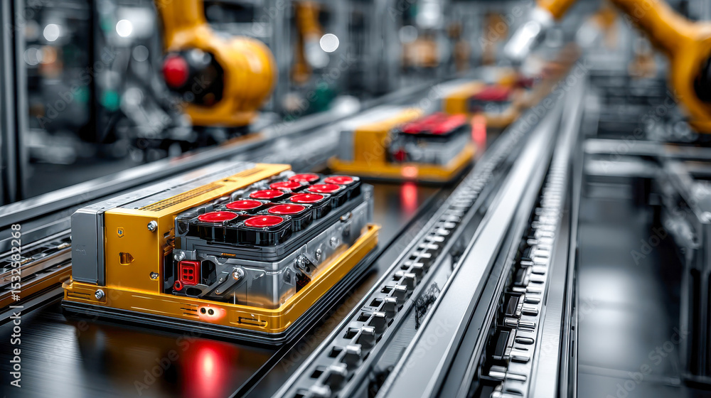Poster close-up of electric car battery modules on a robotic assembly line in a high-tech factory