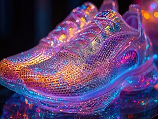 Closeup of luxury shoe with holographic textures, vibrant lighting, high detail