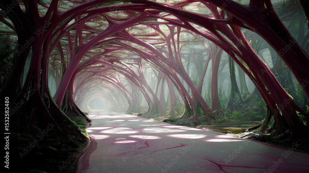 Aufkleber A bioengineer examines a unique landscape formed by artificial biotissue, featuring intricate, glowing structures that create a captivating atmosphere.