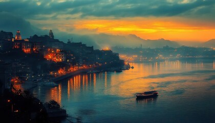 Coastal cityscape with digital overlays, soft lighting, high detail, surreal colors