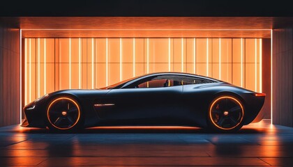 Concept electric sports car in showroom, sleek lines, minimalistic, intense lighting