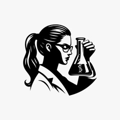Contemporary scientific woman vector logo depicting focused analysis of chemical substance in glass laboratory vessel