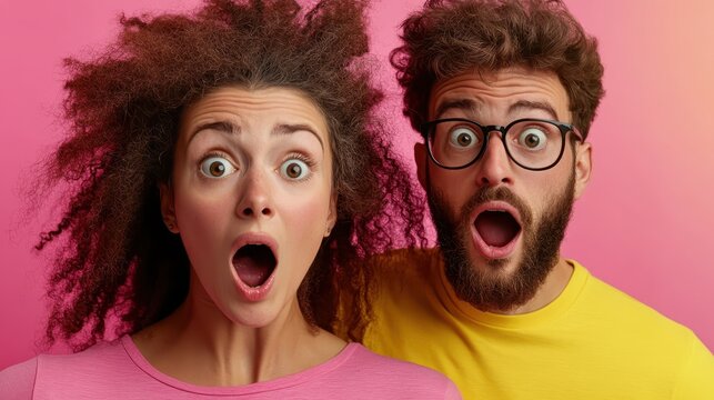A cheerful couple with wide eyes and open mouths showing a mixture of surprise and joy against a vibrant pink background, capturing the essence of youthful exuberance.