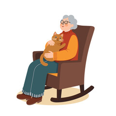 Grandmother holds a ginger cat in her arms and sits in a rocking chair. Vector illustration