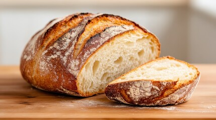 A beautifully baked artisan loaf of bread displays its rustic crust and soft interior, evoking feelings of home-cooked warmth and culinary craftsmanship.