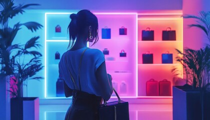 Designer adjusting luxury accessory display, neon lighting, minimalist, surreal colors