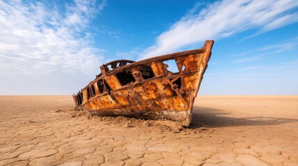 Naklejka premium An abandoned shipwreck, coated in rust, rests in a desolate dry landscape under a bright sky, representing the passage of time and evoking feelings of nostalgia and decay.