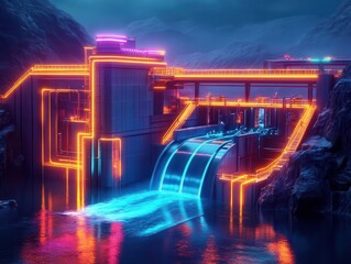Digital hydroelectric plant with neon flow lines, dark background, surreal atmosphere