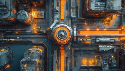 Drone view of automated factory floor, vibrant colors, intricate details, scifi style