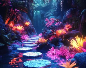 Ecotourism scene with vibrant neon accents, surreal colors, natural elements