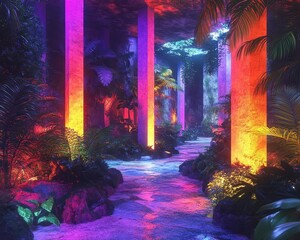 Ecotourism scene with vibrant neon accents, surreal colors, natural elements