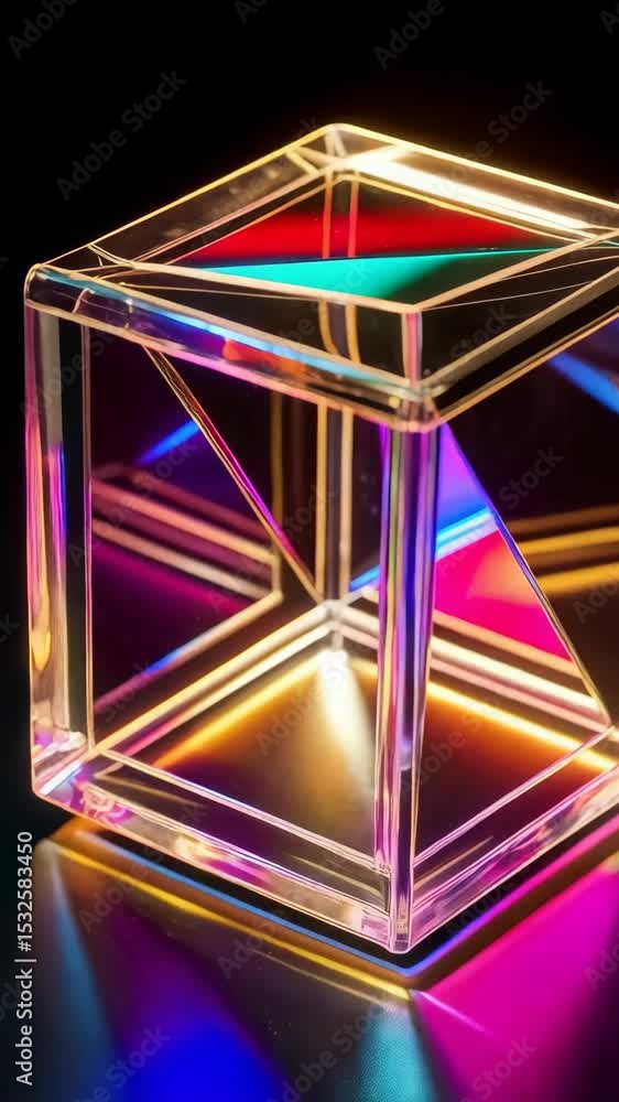 Aufkleber abstract prism cube with reflecting colorful light and shadow on dark surface, modern geometric glas