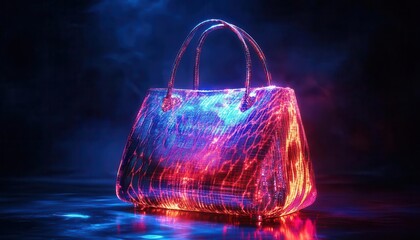 Elegant handbag with holographic textures, dark background, neon accents, surreal