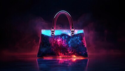Elegant handbag with holographic textures, dark background, neon accents, surreal