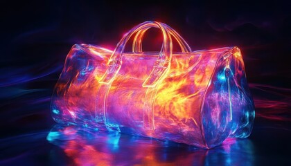 Elegant handbag with holographic textures, dark background, neon accents, surreal