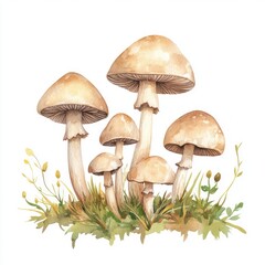 Watercolor painting of a cluster of tan mushrooms on a mossy patch with light grass