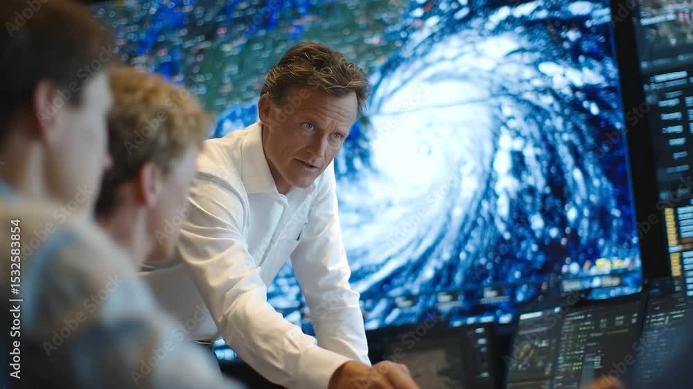 Poster storm surge prediction animation plays on loop in command center, meteorologist adjusts display as e